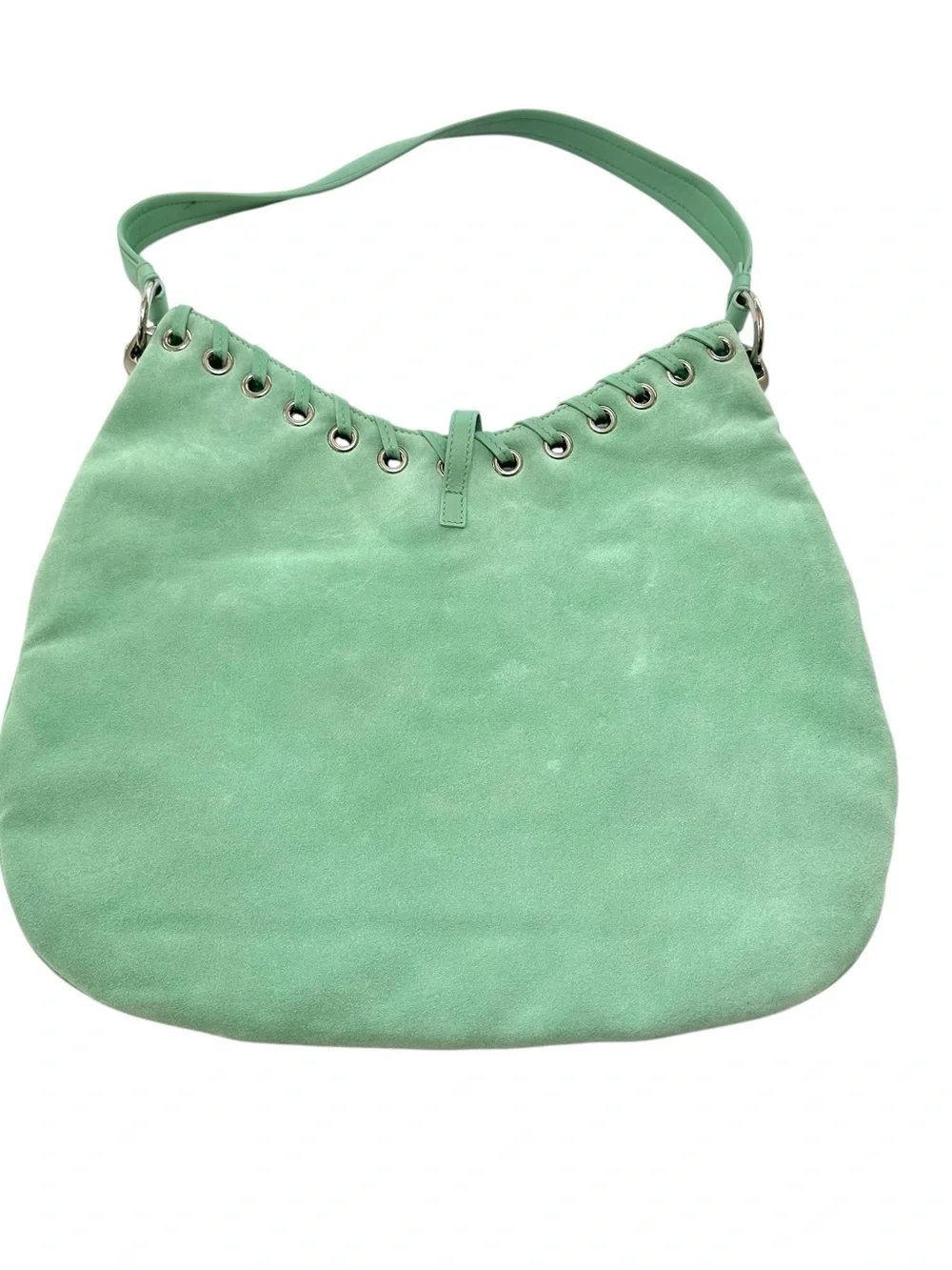 Sergio Rossi Mint Green Suede Hobo Shoulder Bag Grommet Hardware Italy Vintage